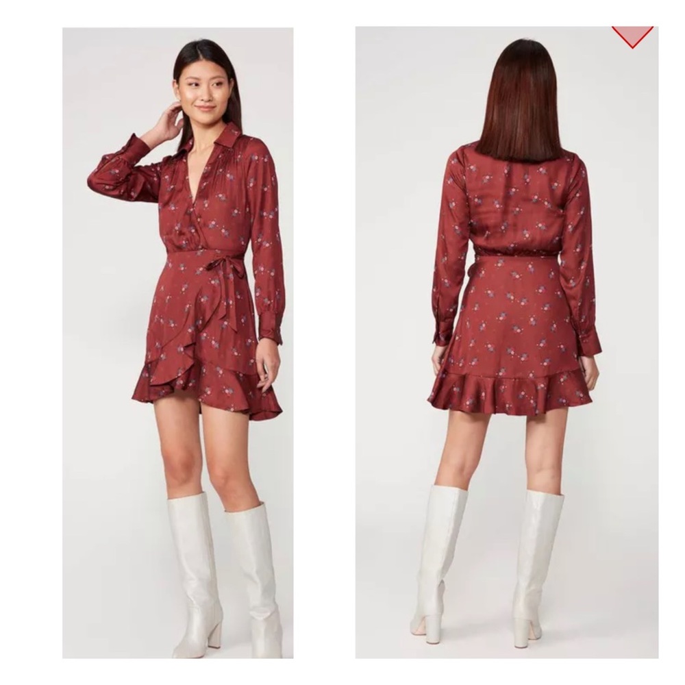 NWOT Paige Parisa Mini Wrap Collared Ruffle Dress Long Sleeves Velvet Red Multi